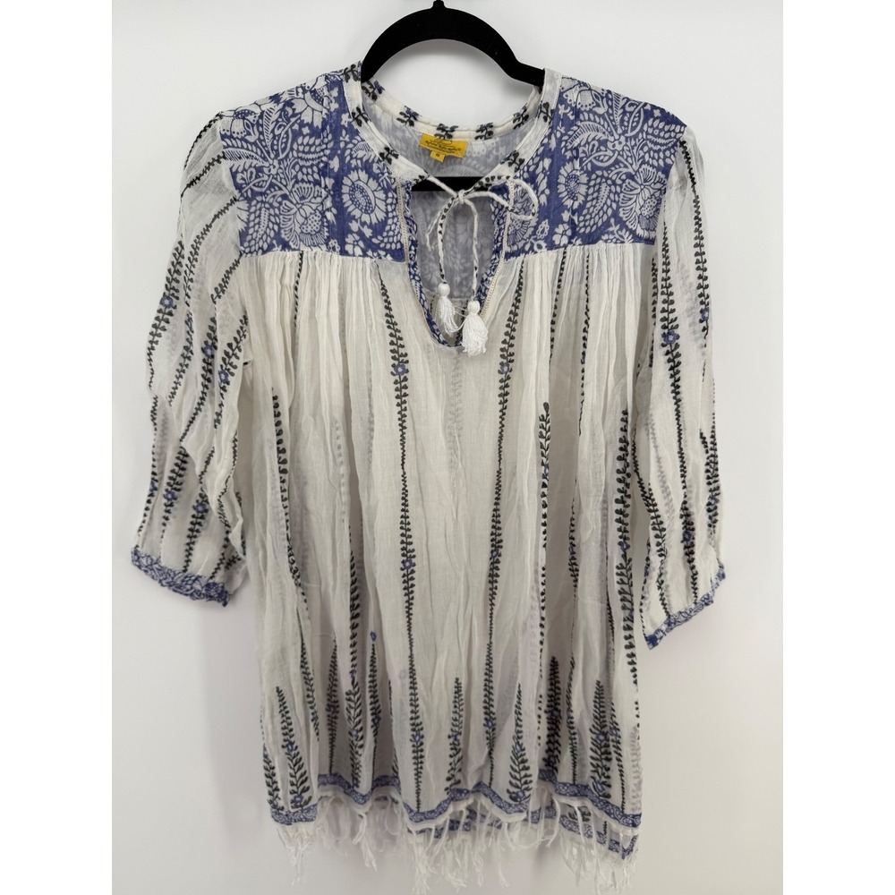 Roberta Roller Rabbit Sm. Gauzy Boho Top White Blue‎ Print Tassel Peasant Blouse